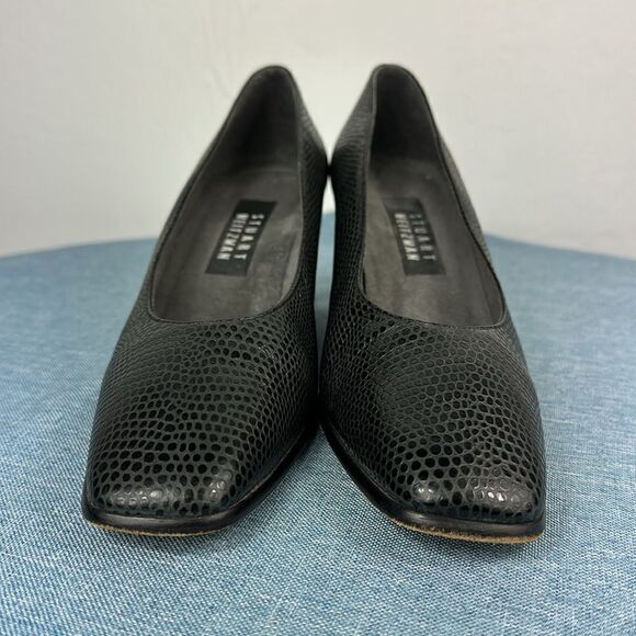 Stuart Weitzman Black Snakeskin Embossed Square Toe Block Heeled Slip On Pumps - Picture 3 of 11